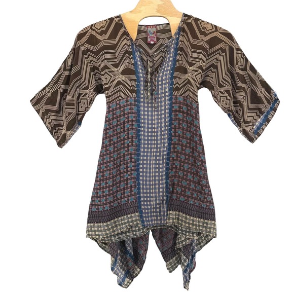 Johnny Was Tops - Johnny Was Women Small Multi Geometric Print Cupra Rayon Tie Back Tunic Top Boho